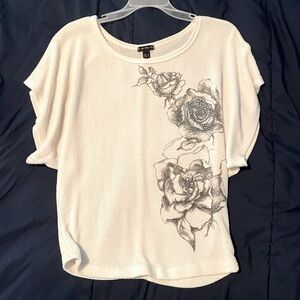 White Short Batwing Sleeve Top Rhinestone Gray Roses